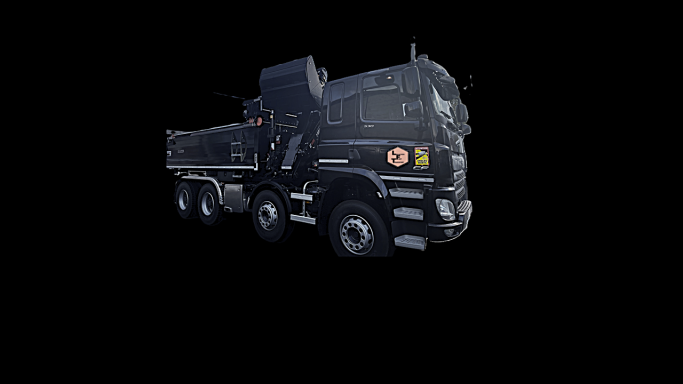 Camion noir à benne avec des détails orange et un design moderne.