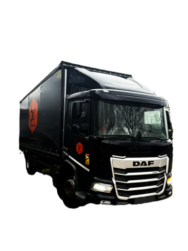 Camion DAF noir avec logo rouge sur le côté, vue de face.